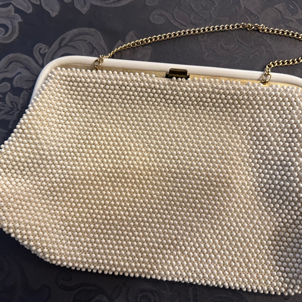 Vintage Lumured Corde Bead Clutch Purse Off White USA Made - Picture 6 of 9